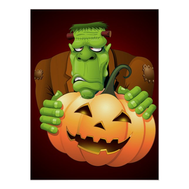 Póster Cartoon Frankenstein Monster com Pumpkin (Frente)