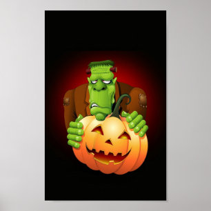 Póster Cartoon Frankenstein Monster com Pumpkin