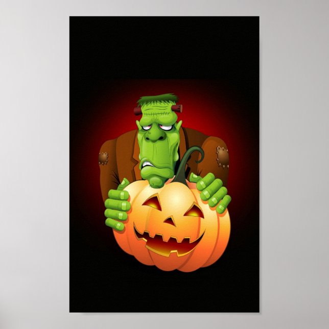 Póster Cartoon Frankenstein Monster com Pumpkin (Frente)