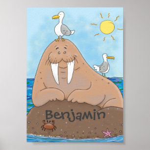 Poster Cartoon ilustrativo de Walrus feliz engraçado