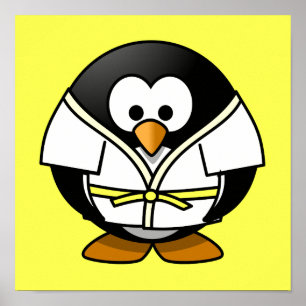 Póster Cartoon Judo Penguin Yellow Background