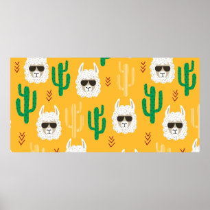 Poster Cartoon Lama sem costura e padrão de cacto em bri