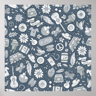 Poster Cartoon manual desenhado rabisco hippie sem soldad