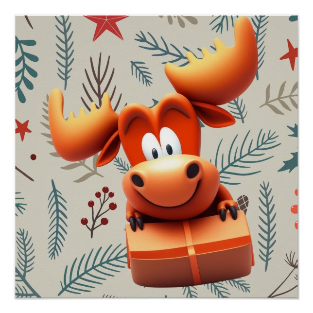 Póster Cartoon Moose com Presente no Padrão de Natal (Frente)