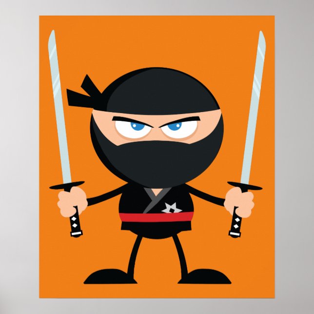 Poster Cartoon Ninja Warrior com Duas Katana (Frente)