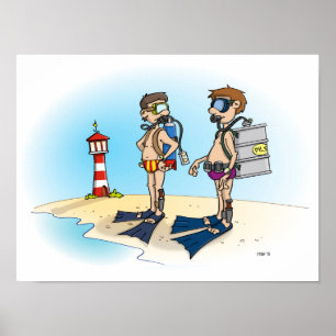 Poster Cartoon; op duikvakantie gaan. 