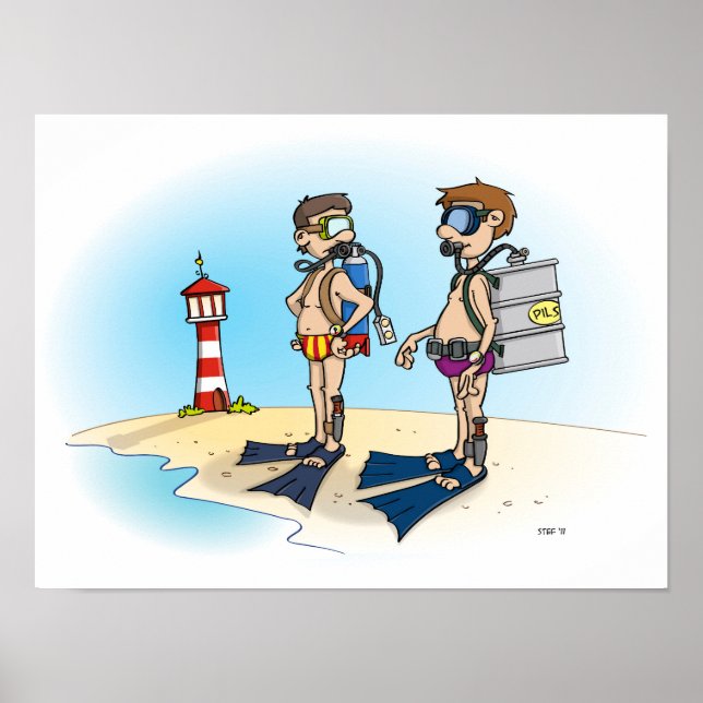 Poster Cartoon; op duikvakantie gaan.  (Frente)