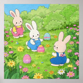 Poster Cartoon Páscoa escondendo ovos em um jardim