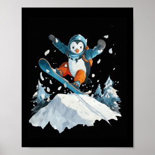 Poster Cartoon Penguin Snowboard Adventure Winter