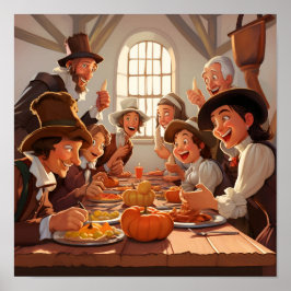 Poster Cartoon Pilgrims em torno da Mesa de Ação de Graça
