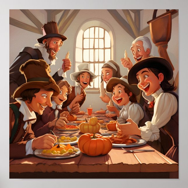 Poster Cartoon Pilgrims em torno da Mesa de Ação de Graça (Frente)
