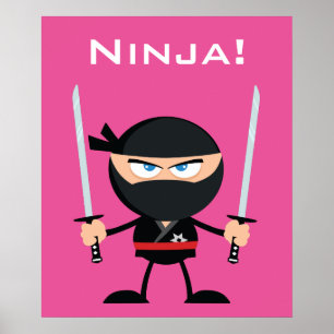 Poster Cartoon Pink Ninja Warrior With Two Katana