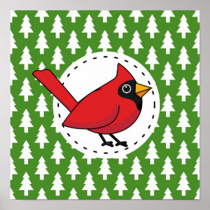 Poster Cartoon Red Cardinal sobre Pinheiros Brancos Verde