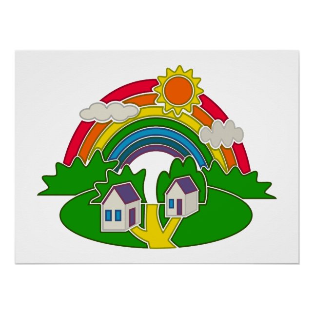 Póster Cartoon rural com arco-íris e casa de campo (Frente)