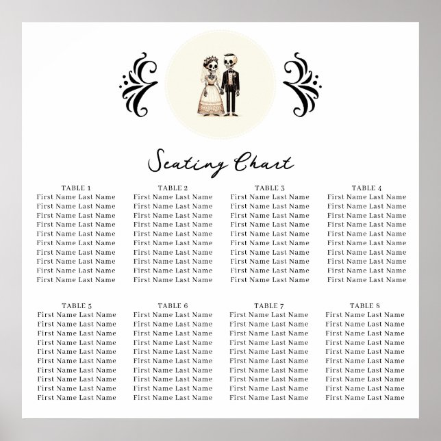 Poster Cartoon Skeleton Bride + Groom Whimsical Seating (Frente)