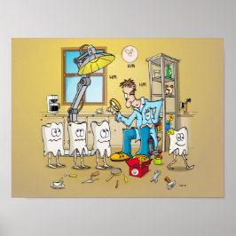 Poster Cartoon; tanden op controle bij de tandarts