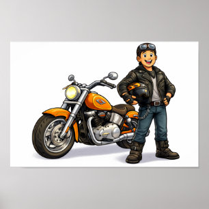 Poster Cartoons de Motoqueiro com Arte de Piloto de Motoc