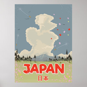 Póster Cartum estilo antigo do Monte Fiji no Japão