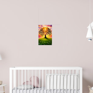 Poster Carvalho Antigo na Colina Verde ao Pôr do Sol