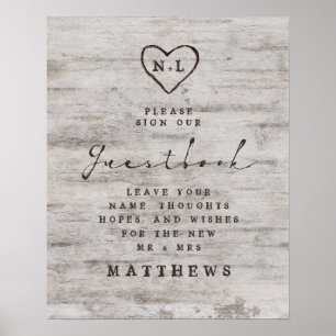 Poster Carved Swethearts Rustic Birch Guestbook