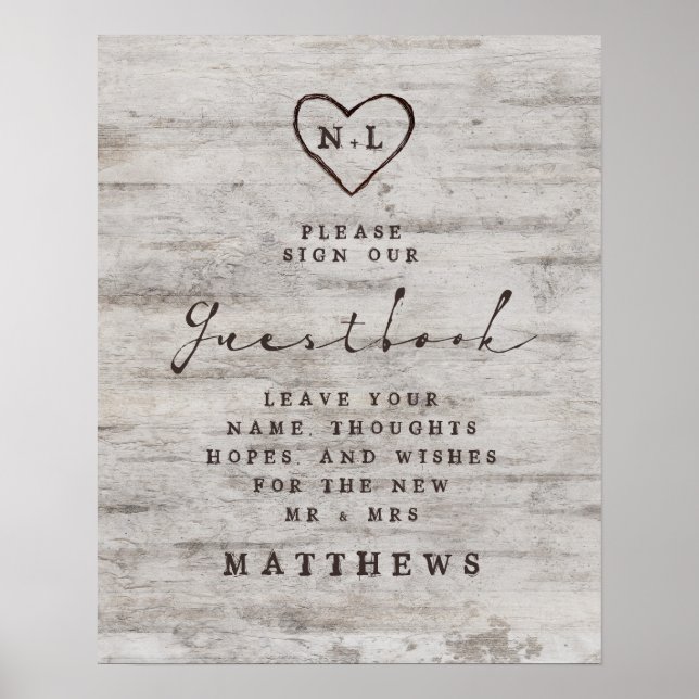 Poster Carved Swethearts Rustic Birch Guestbook (Frente)