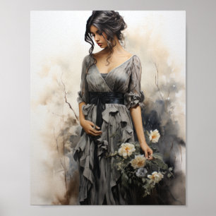 Poster Carvões Elegantes Desenho de uma Mulher Vestindo F