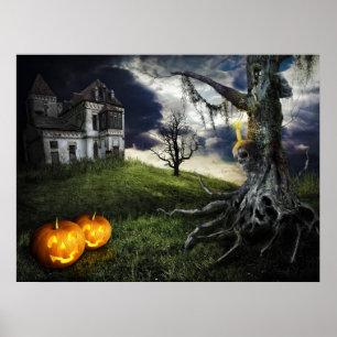 Póster Casa assombrada com as lanternas de Jack O no Dia