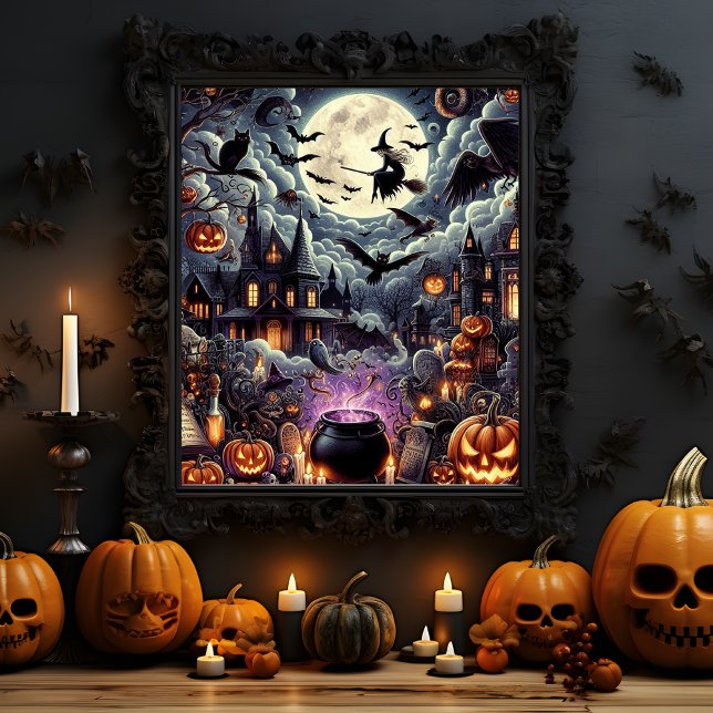 Póster Casa assombrada do Dia das Bruxas (Spooky Halloween haunted house Halloween season Poster)