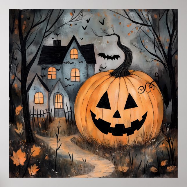 Poster Casa Assombrada e Abóbora Gigante de Halloween (Frente)