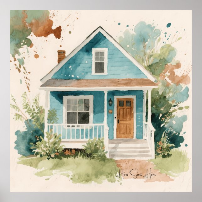 Poster Casa Azul Teal Boho Aquarela  (Frente)