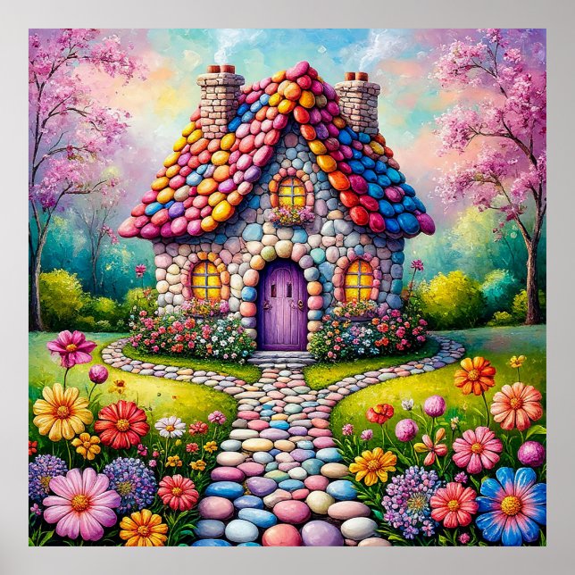 Poster Casa Caprichosa Com Jardim de Flores Vibrantes (Frente)