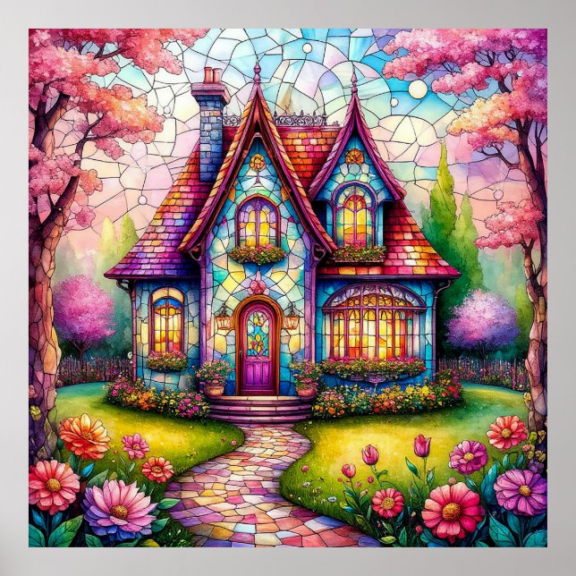 Poster Casa Caprichosa Com Jardim De Flores Vibrantes (Frente)