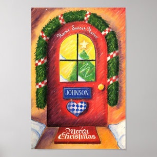 Poster Casa da Porta de Natal Feliz e Feliz Vermelho
