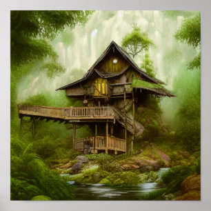 Poster Casa de Algodão Mágico em Floresta de Cena Verde