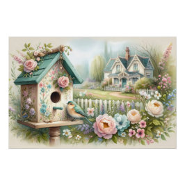 Póster Casa de Aniversário de Cottagecore com Jardim Flor