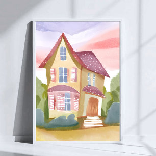 Poster Casa de Aquarela Bonito Pintado