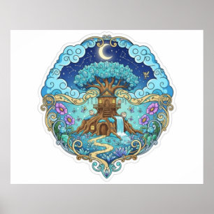 Poster Casa de Árvore Sob a Lua Fantasia ilustração mágic