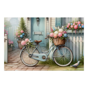 Póster Casa de Bicicleta Cottage Azul com Cesto de Flores