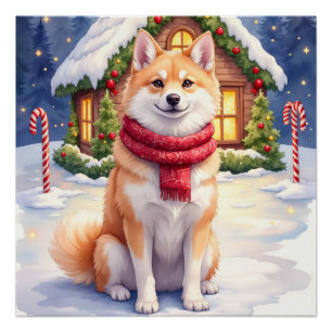 Póster Casa de Biscoito de Gengibre Akita em Aquarela Nat
