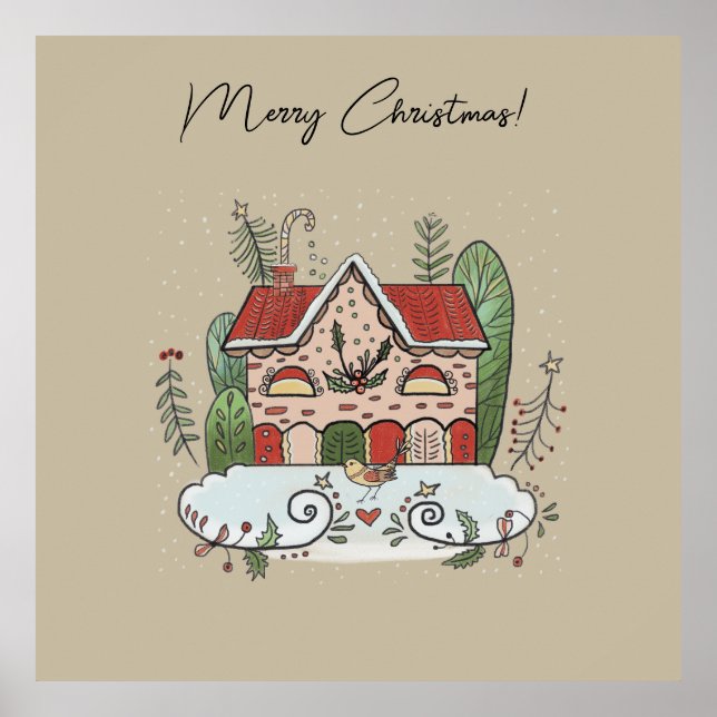 Poster Casa de Biscoito de Natal Pássaro Inverno  (Frente)