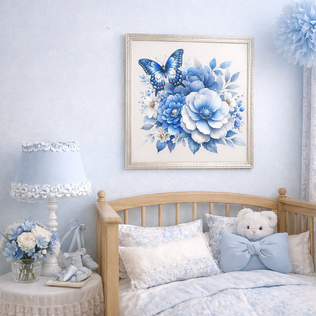 Poster Casa de Borboleta Floral Azul  (Dusty and navy blue floral and butterfly wall art)