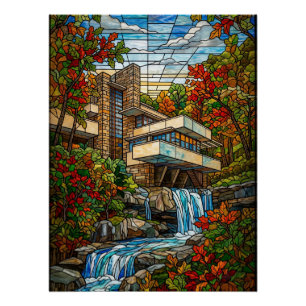 Póster Casa de Cachoeira de Vidro Colorido Outono