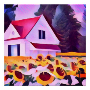 Póster Casa de fada de neve vermelha branca em arte de ja