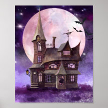 Casa de Halloween com Lua e Bat Wall Art