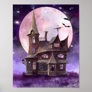Poster Casa de Halloween com Lua e Bat Wall Art