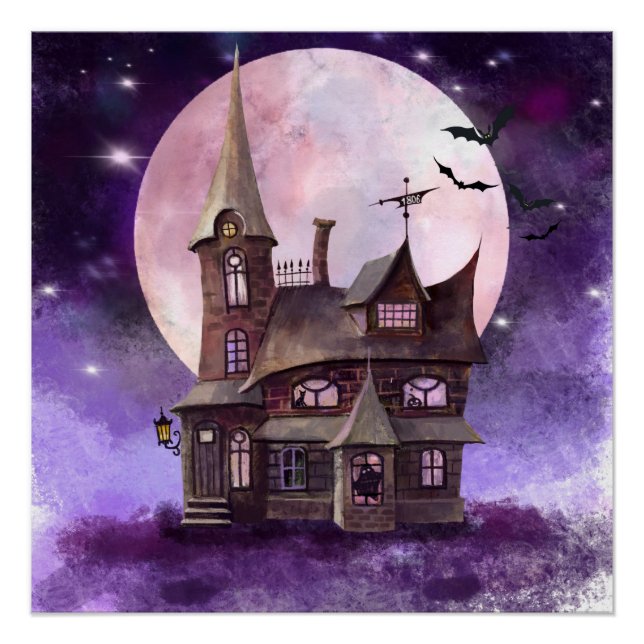 Póster Casa de Halloween com Lua e Bat Wall Art (Frente)