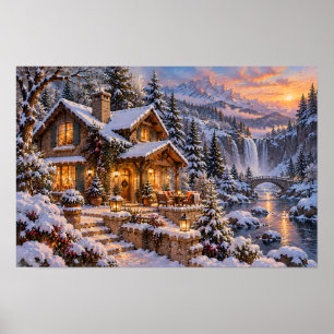 Poster Casa de Inverno Aconchegante ao lado de uma Cachoe