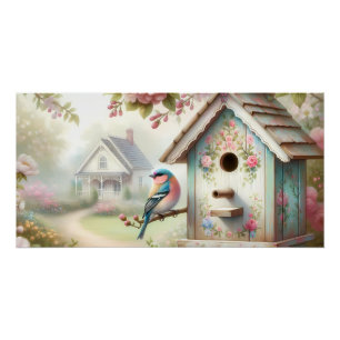 Póster Casa de Pássaros da Primavera com Flores Pastel e