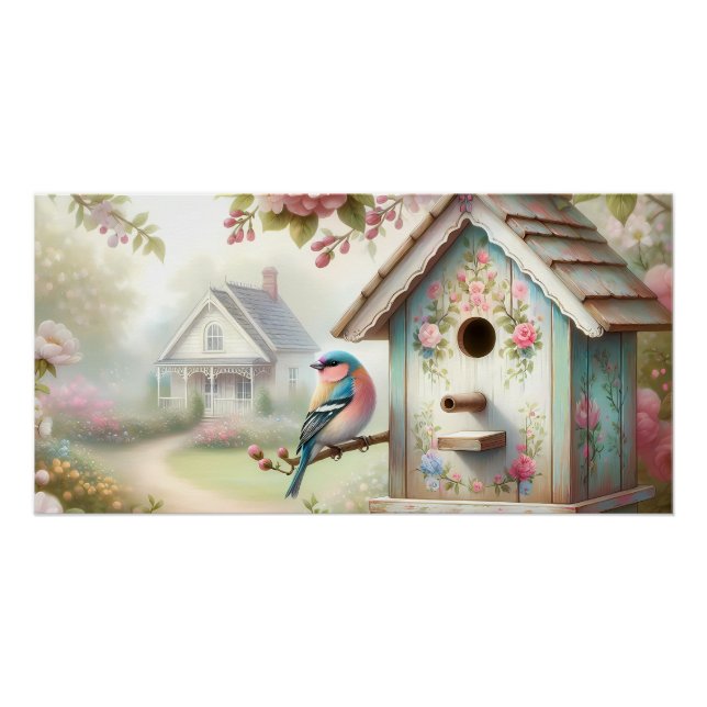 Póster Casa de Pássaros da Primavera com Flores Pastel e  (Frente)