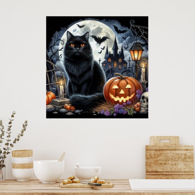 Poster Casa Decorânea de Gato Negro Halloween (Cozinha)